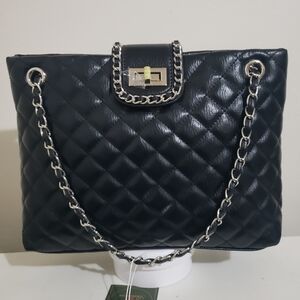 Black Quilted Chain-Handle Tote with Turn-Lock Accent